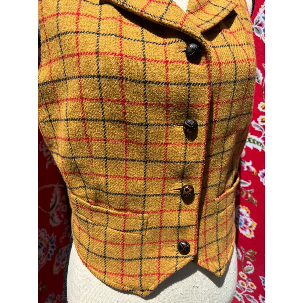 Vintage Gap Mustard Yellow Plaid Wool Blend Retro Equestrian Vest Women's Size M - Picture 15 of 16